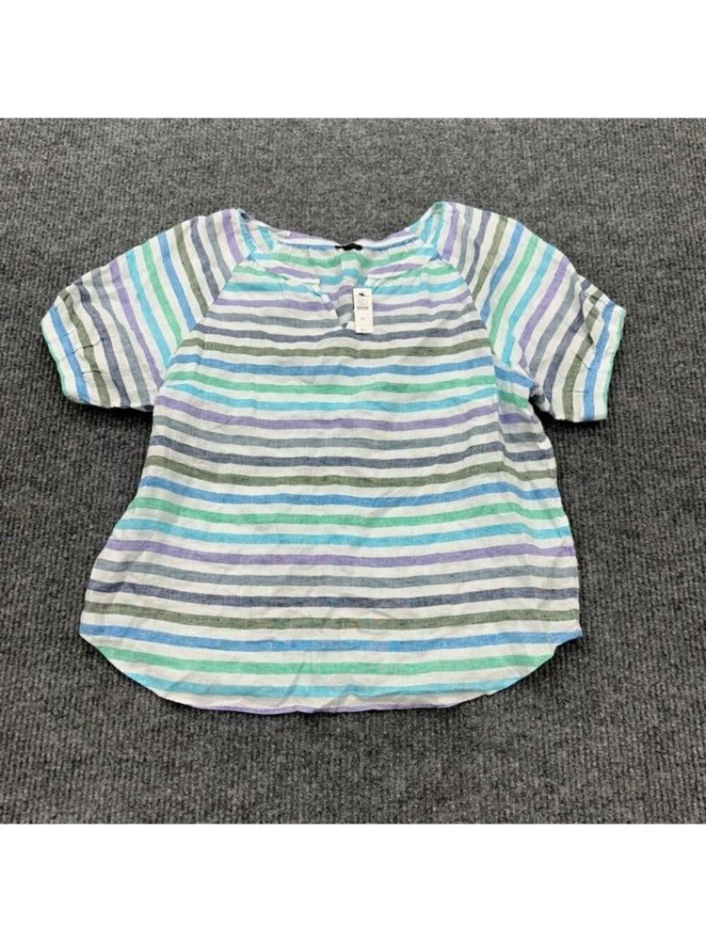 Talbots 100% Linen Striped Split Neck Short Sleeve Shirt Top Womens Size XL NEW